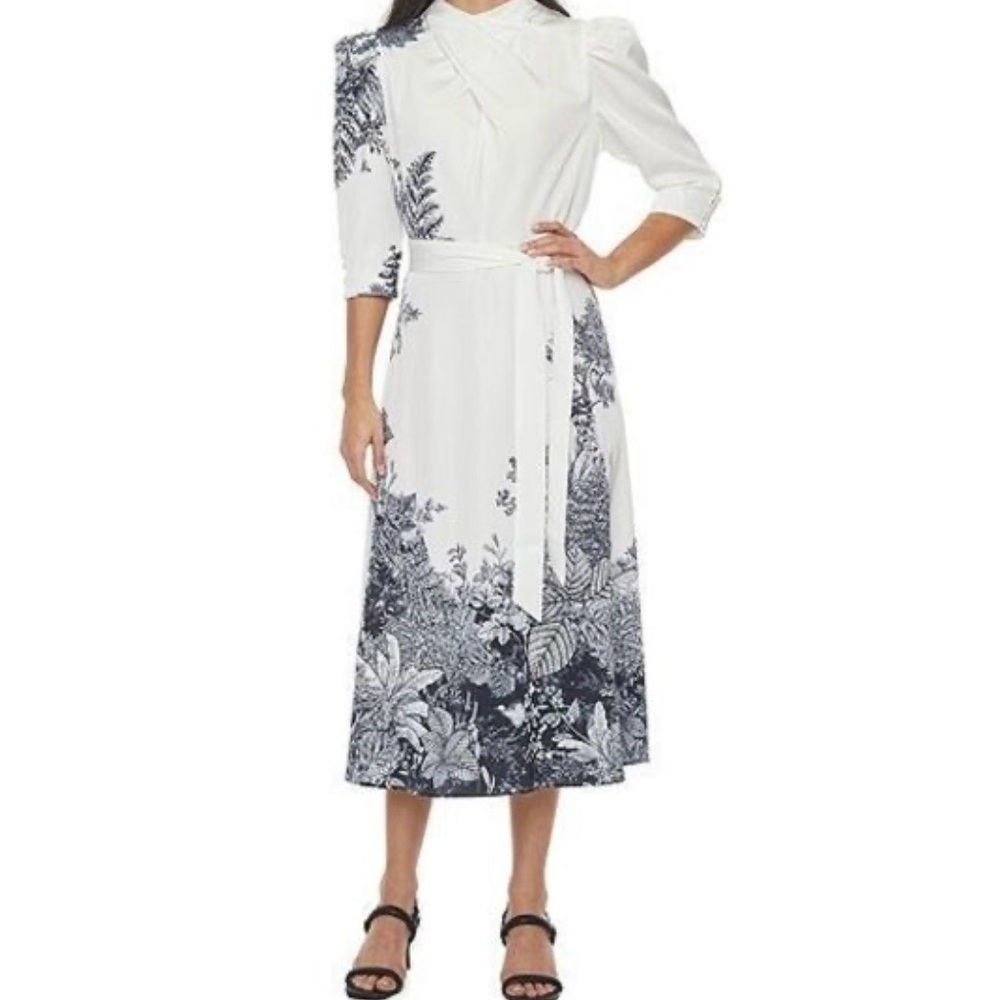 RyeGrass White & Black botanical print‎ XL elegant collar Long Dress NWT - Maxi